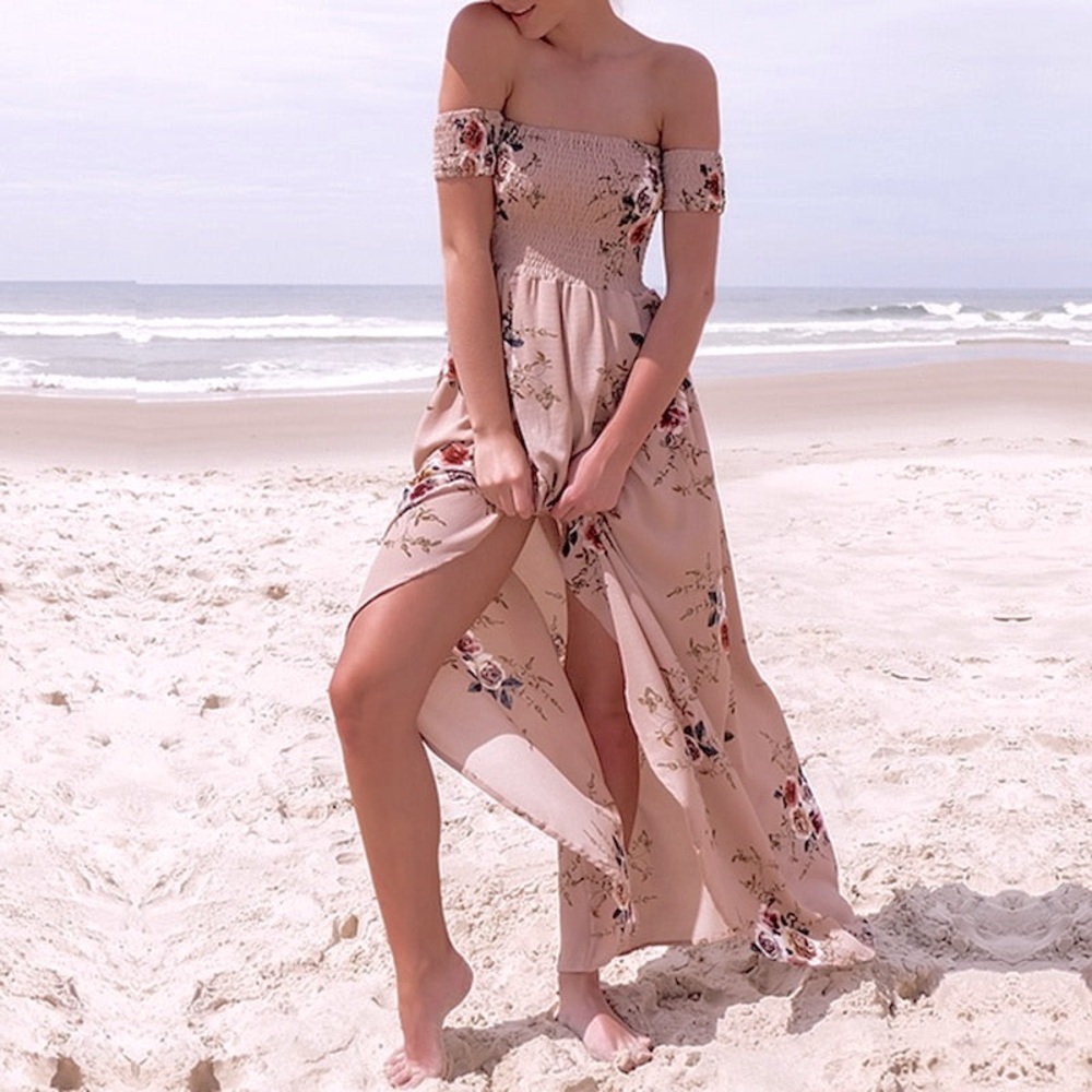 Boho Beach Hut Strapless Floral Print Lightweight High-Low Coverup Dress
